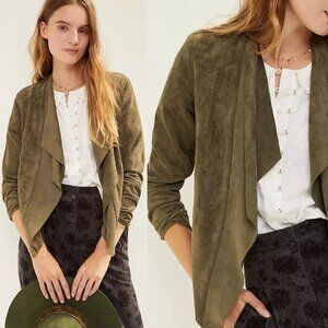 Suede Draped Waterfall Open Front Cardigan Cropped Jacket Olive Green Umgee